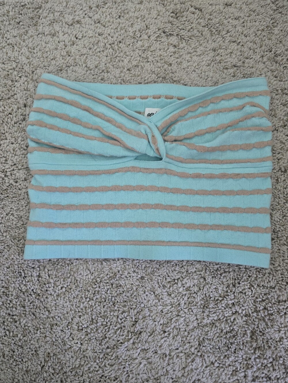 Aerie Striped Twist-Front Tube Top in Light Aqua and Beige. Size Small.